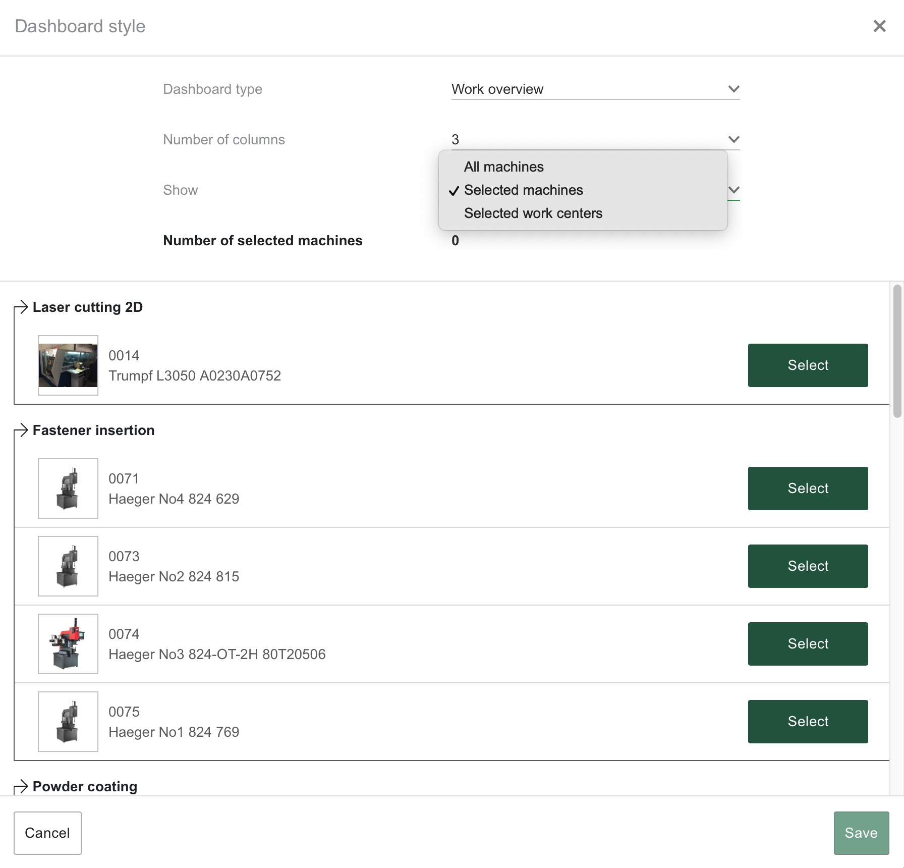 Individual machines selection
